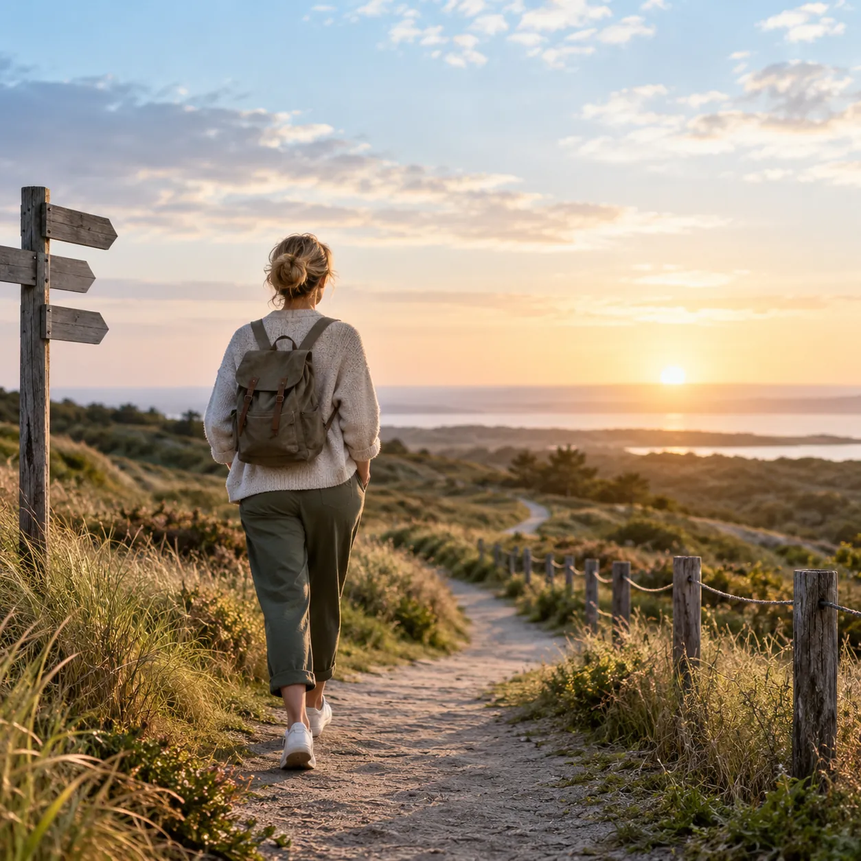 Een vrouw wandelt over een duinpad naar een wegwijzer, met de zon laag boven zee
