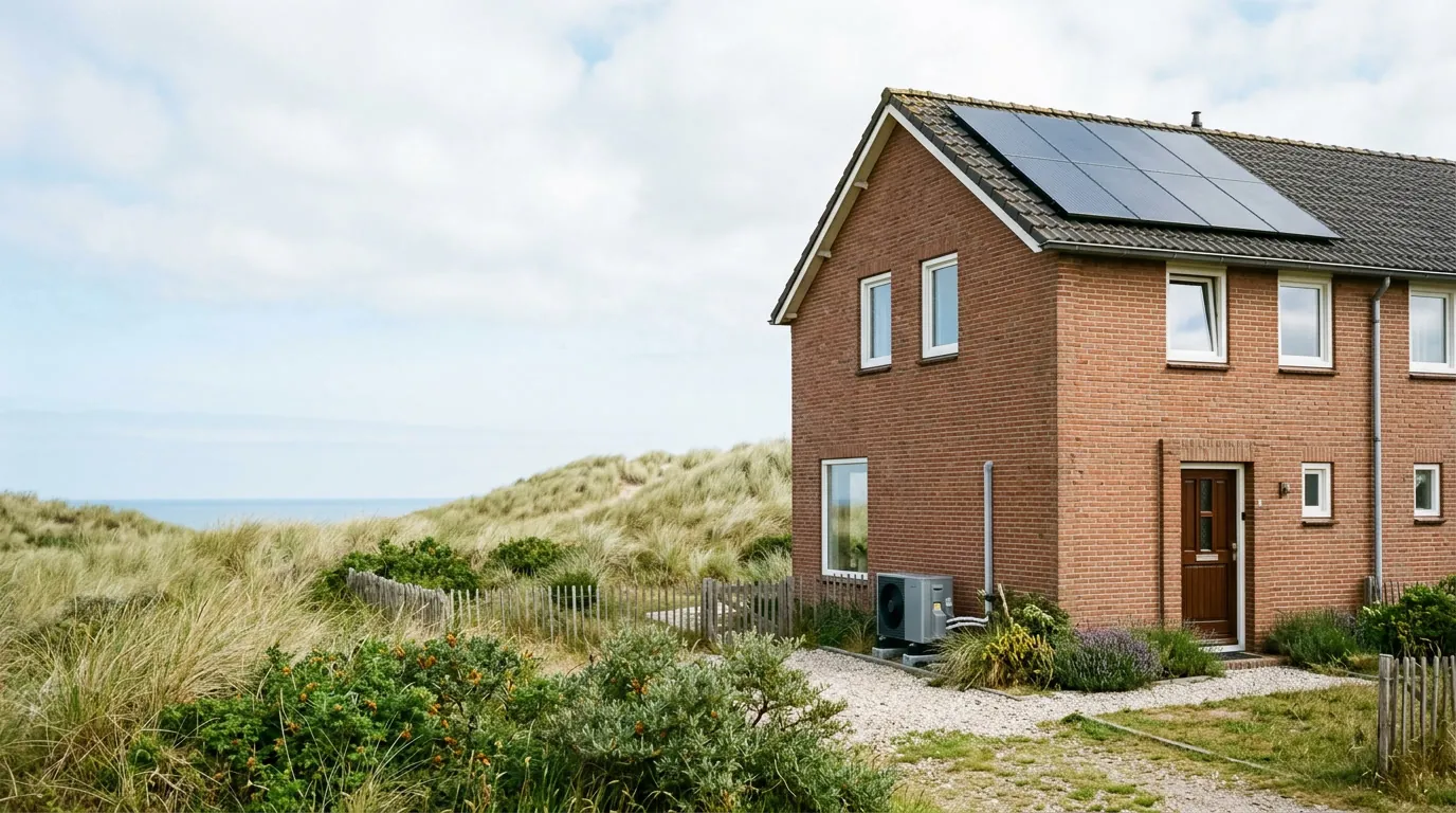 Een huis aan de duinrand met zonnepanelen op het dak en een warmtepomp naast de gevel