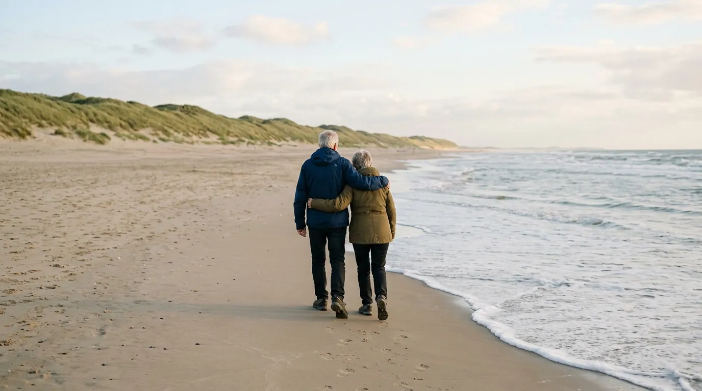 Een ouder stel loopt arm in arm langs de vloedlijn, met de duinen op de achtergrond
