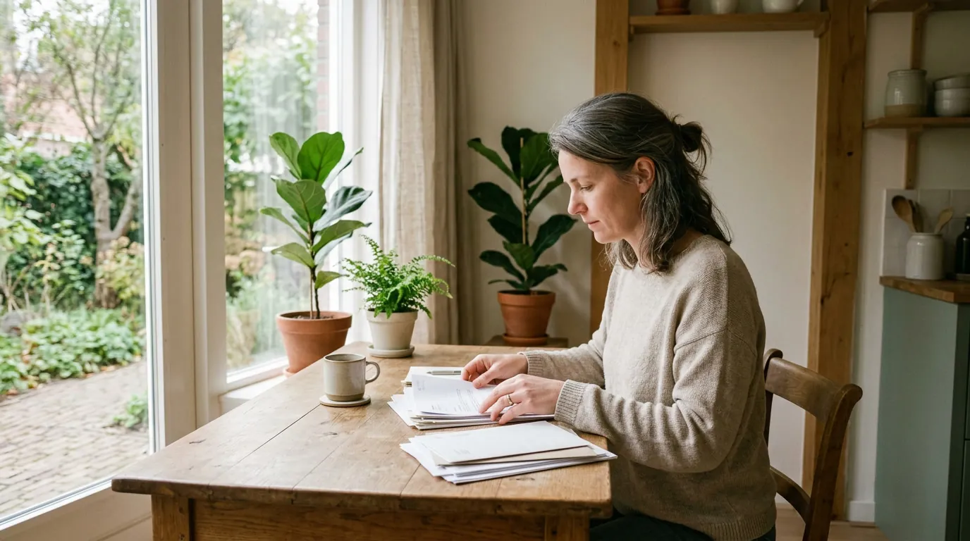 Een vrouw aan de keukentafel sorteert rustig haar papieren