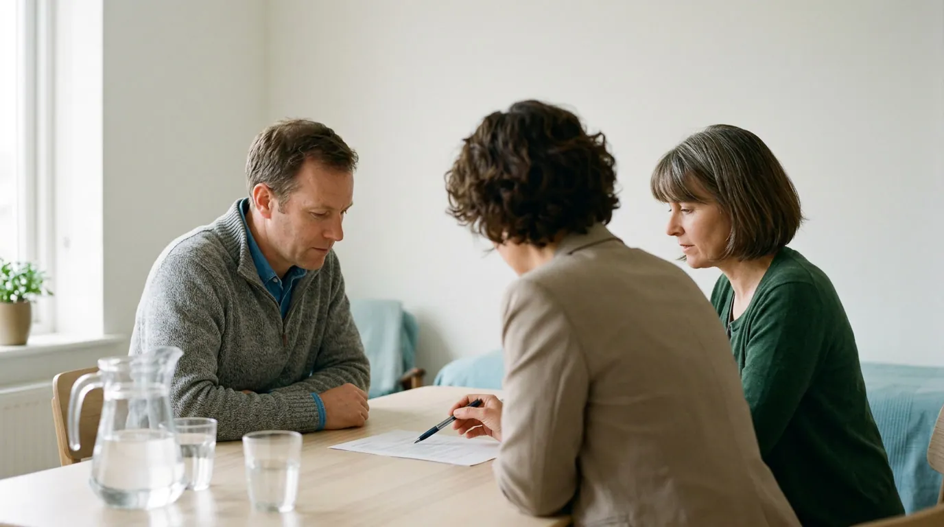 Een man en een vrouw aan tafel met een adviseur die iets aanwijst op papier