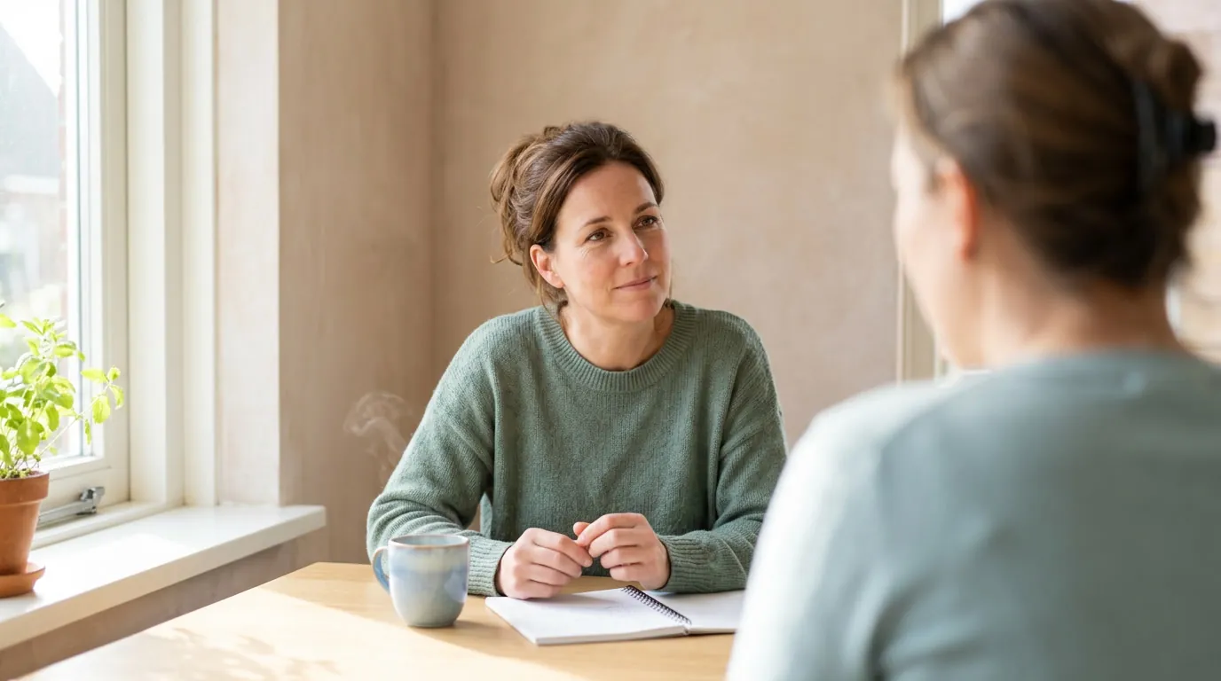 Een vrouw aan tafel luistert naar haar adviseur