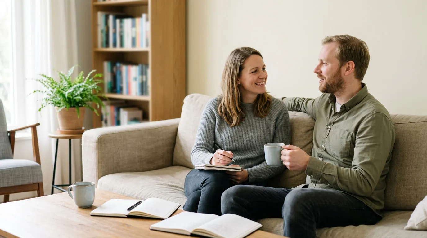 Een stel op de bank met thee en een notitieboek praat samen