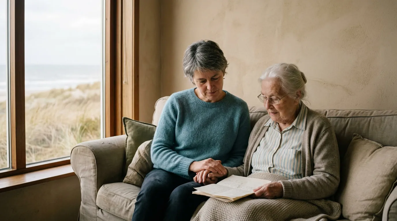 Een dochter houdt de hand van haar moeder vast terwijl ze samen een document bekijken