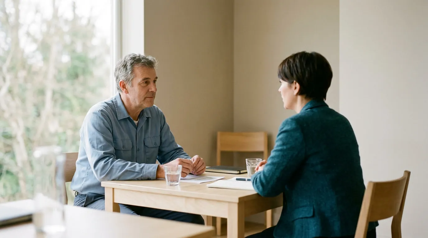Een werknemer in gesprek met een adviseur in een spreekkamer op het werk